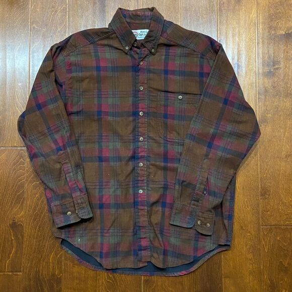 Basic Options Vintage Corduroy Plaid Flannel Brown Button Front Shirt Mens Large - Picture 3 of 9